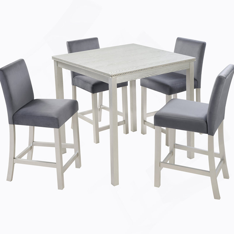 Ensemble de table 5 pièces à hauteur de comptoir, ensemble de table de cuisine en bois avec table carrée et 4 chaises rembourrées, ensemble de table de salle à manger à hauteur de comptoir avec décoration en cristal et ensemble de chaises, gris argenté