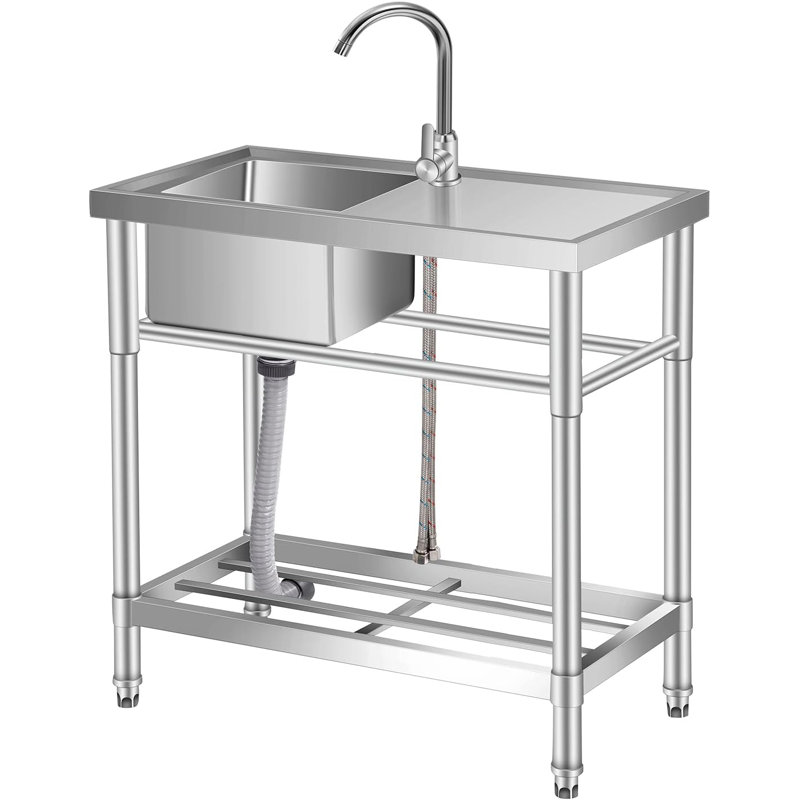 Stainless Steel Utility Sink, Freestanding Single Bowl Commercial Sink with Cold and Hot Water Pipes for Laundry Room Kitchen and Bathroom Farmhouse