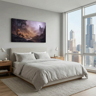 «Red Fox and Owl in Purple Misty Rocky Valley», art mural sur toile