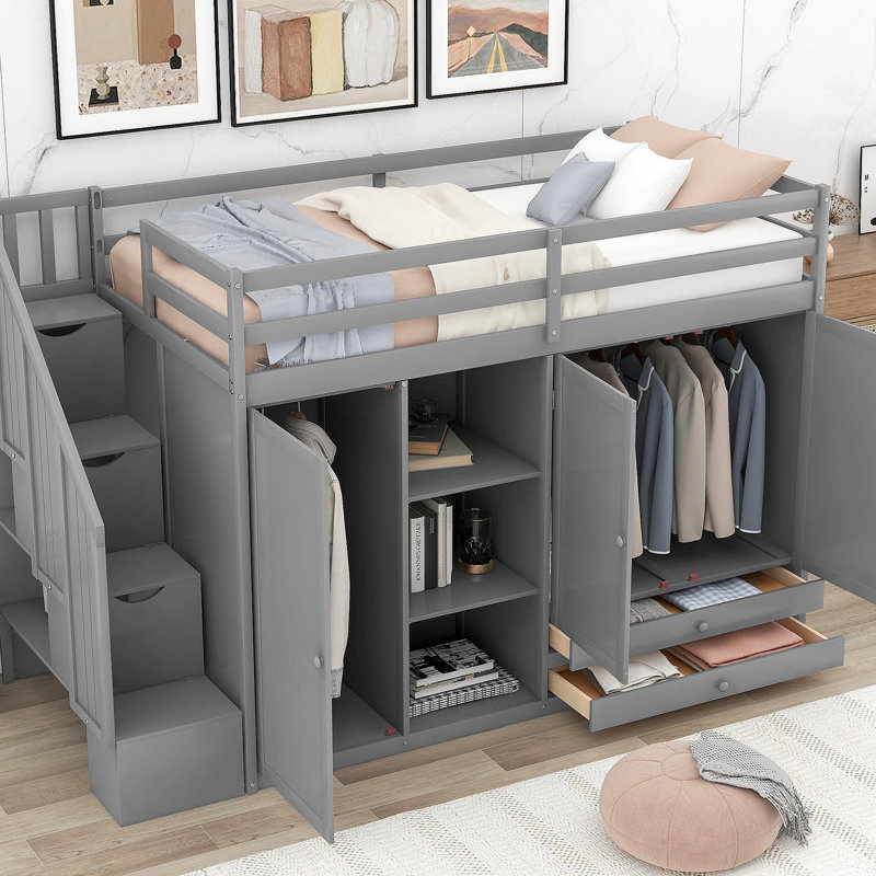 Lit mezzanine fonctionnel avec 3 tablettes, 2 armoires et 2 tiroirs, échelle avec rangement, aucun sommier nécessaire, gris