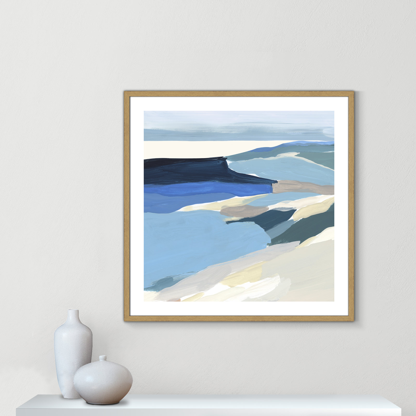 Decker "Graham Lake II" Painting, Beige Wood Framed Paper, 33.25" H x 33.25" W x 0.75" D