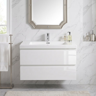 Meuble-lavabo mural de 76 cm (30 po) en blanc, armoire en mélamine imitation bois, lavabo intégré en résine et tiroirs à fermeture amortie, entièrement assemblé.