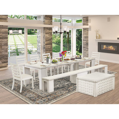 L'ensemble de 10 tables de cuisine comprend une table rectangulaire extensible, 1 table basse, 7 chaises empilables en polyester et 1 banc, blanc antique