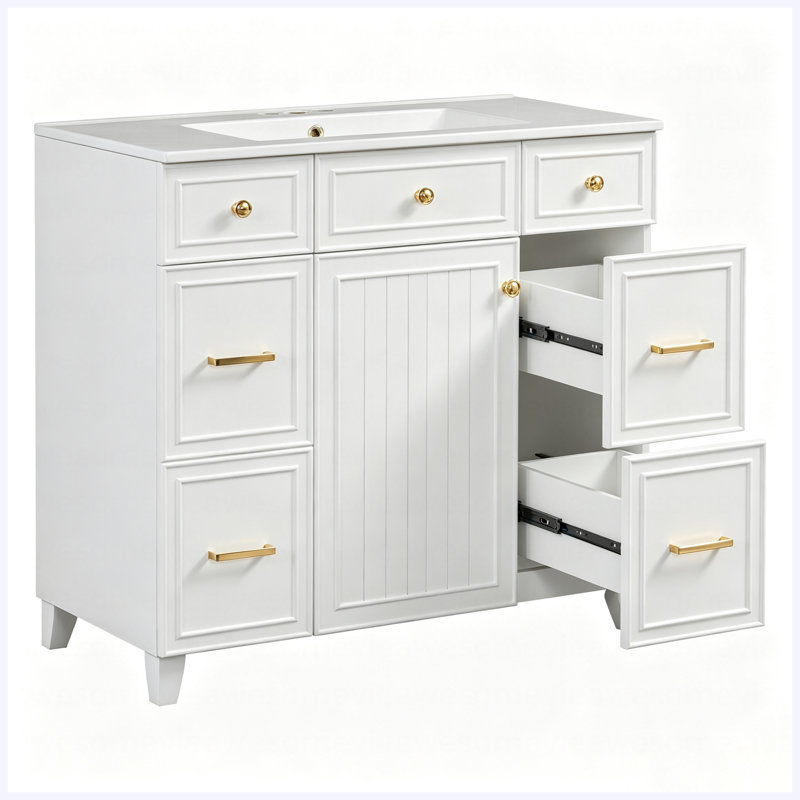 Meuble-lavabo autoportant de 36 po avec lavabo en céramique, structure en bois massif, portes à fermeture en douceur, 3 tiroirs avec tiroir à double profondeur, tablettes réglables, blanc