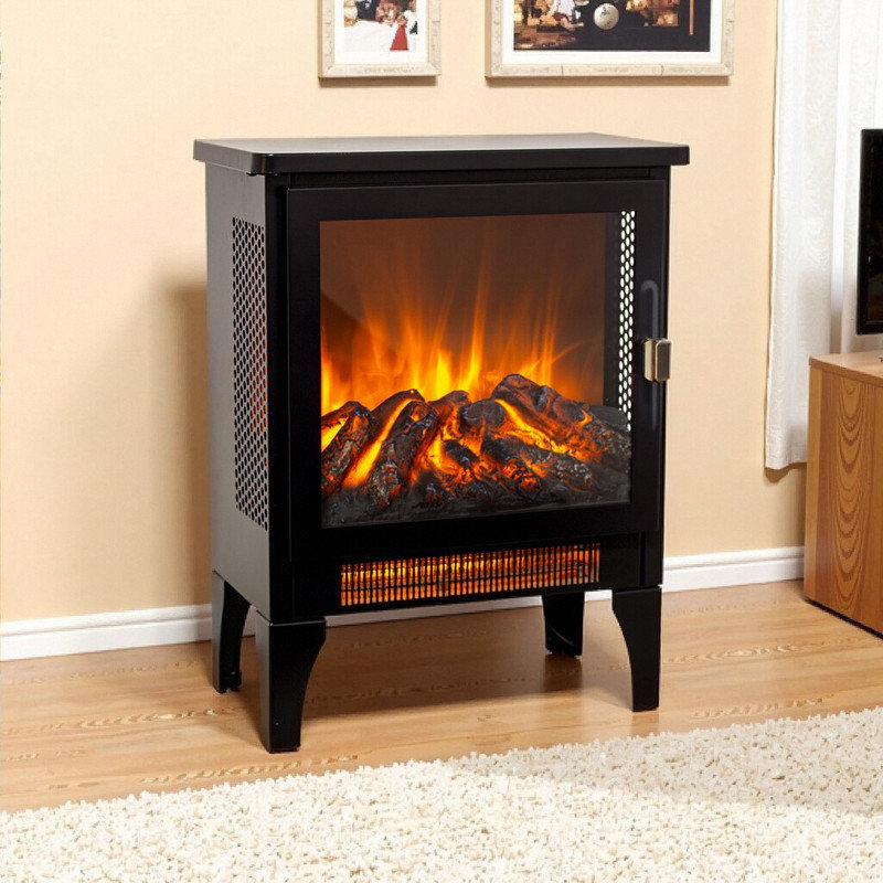 17-inch Freestanding Electric Fireplace Stove Heater Black Tempered Glass Design For Home Office Décor, Black
