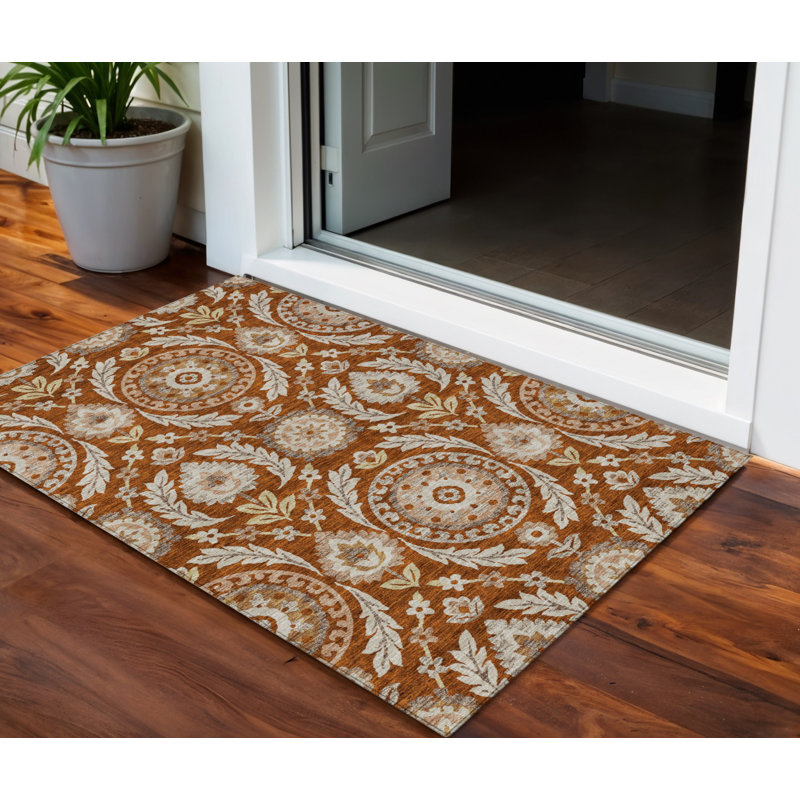 3' X 5' Orange Taupe And Gold Floral Washable Indoor Outdoor Area Rug