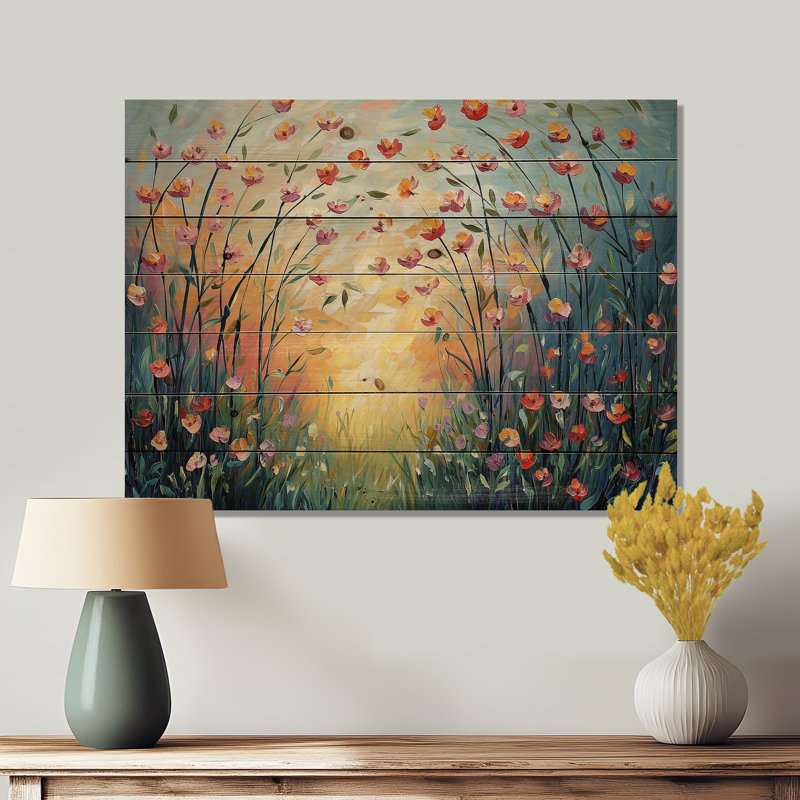 Sunset Wildflowers Blossoms In The Wild II - Wildflowers Wood Wall Decor - On Natural Pine Wood, 34" H x 44" W x 0.78" D
