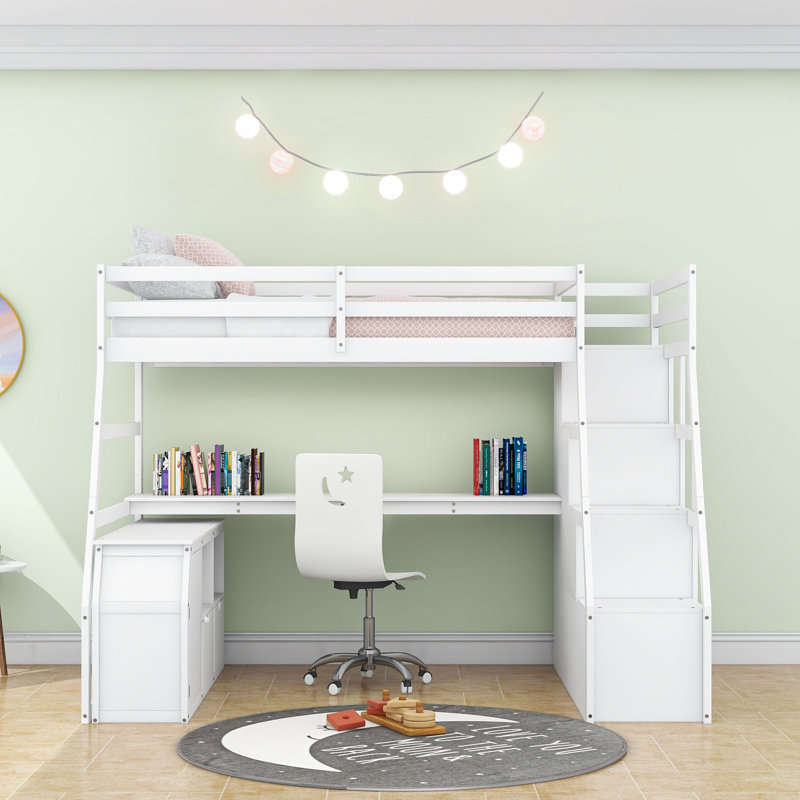 Lit mezzanine 7 tiroirs avec bureau Giannis, Blanc