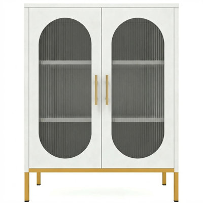 Armoire en verre cannelé à double arche, armoire de rangement en métal blanc avec 2 portes en verre et tablettes réglables Buffet moderne pour salle à manger