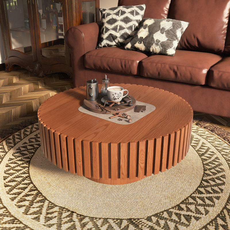 Table basse ronde fabriquée à la main avec relief et pédale, Bois naturel