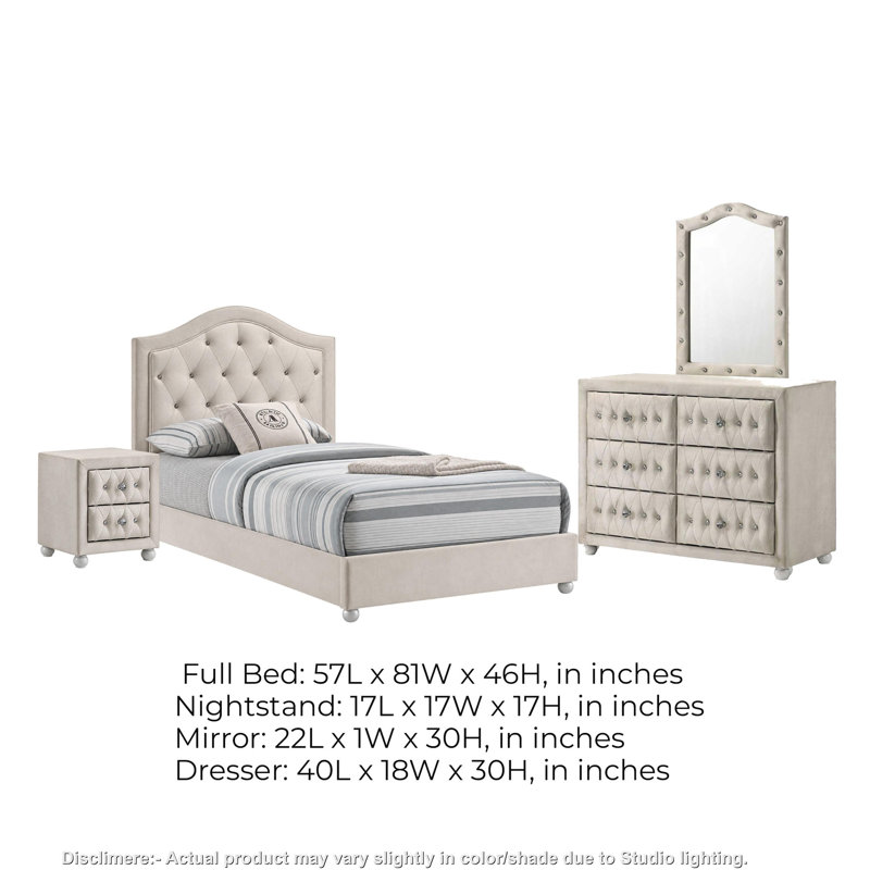 Ensemble de chambre complet, meuble de rangement rembourré, beige, 3 pièces avec commode, 3 Pcs: Bed, Nightstand, Dresser