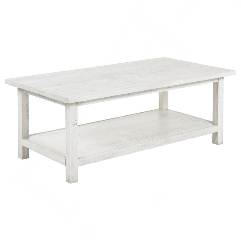 Distressed White Wood Coffee Table With Shelf
