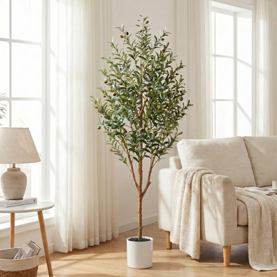 Arbre à olives artificiel de 82 po de hauteur, 7 pi, olivier artificiel réaliste avec des feuilles denses et un tronc naturel, arbre de sol en pot sans entretien pour la décoration de coin de bureau à domicile (sans panier tissé à la main)