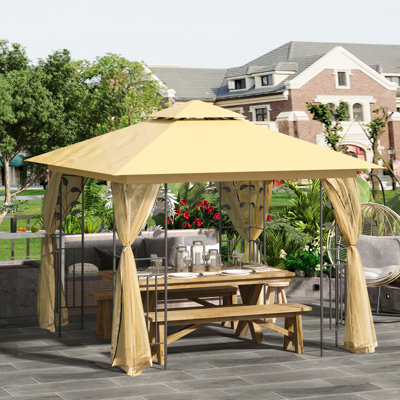 Beige Outdoor Gazebo With Wind Flow Management Feature 10X10 Double Canopy And Tree Image, For Deck Leisure