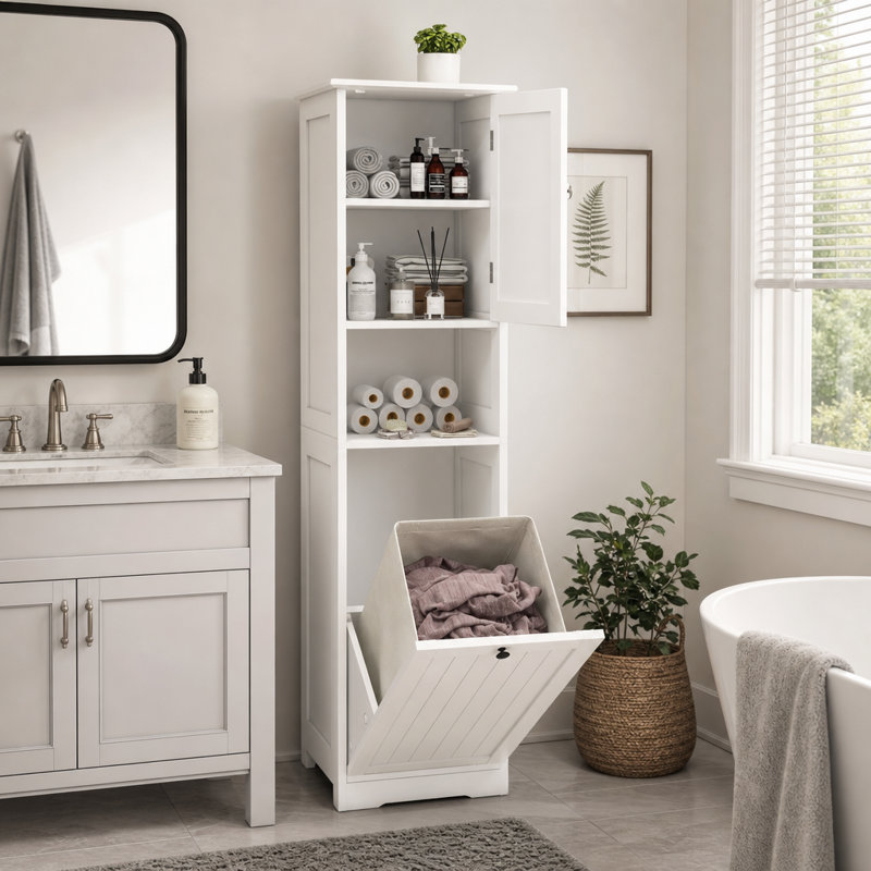 Grande armoire à linge de salle de bain blanche, rangement autoportant avec tablette ouverte et portes