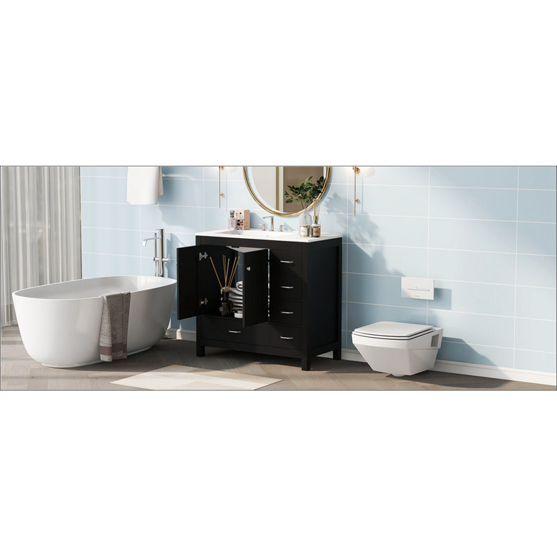 Ensemble de meuble-lavabo pour salle de bain avec lavabo en céramique et armoire de rangement, Noir, noir, noir, noir