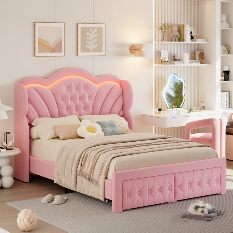 Mouad Velvet Upholstered Bed with Storage and LED Lights, Full, Pink