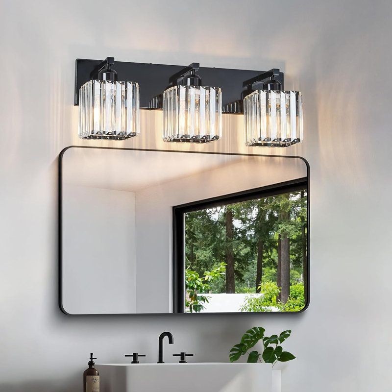 Luminaire de meuble-lavabo moderne avec abat-jour en cristal K9 et bras en métal, douille E26 compatible avec ampoules DEL et à intensité variable