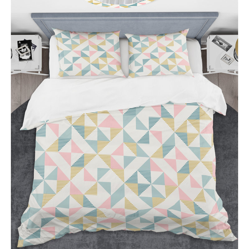 Ensemble de housse de couette mid-century diamond rétro, Housse simple + 1 taie décorative, Bleu / rose / blanc