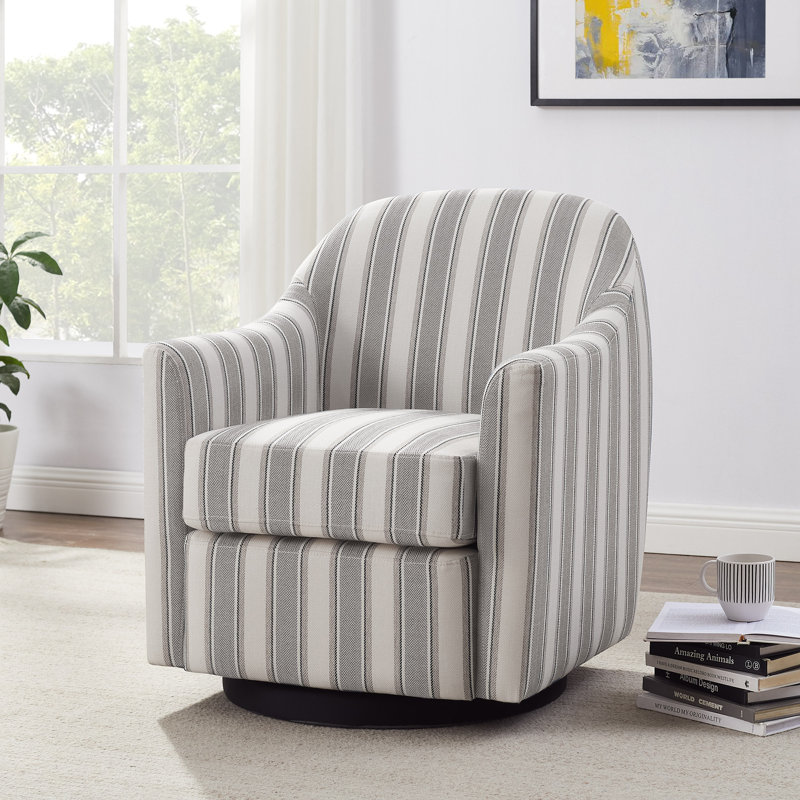 29.92In Modern Barrel Swivel Accent Chair, Gray Stripe Linen