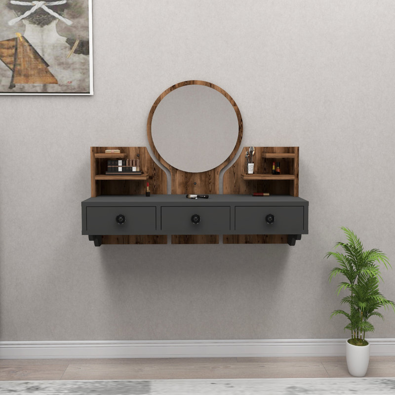 Dressing Table with Mirror Aanika, Light Walnut/Anthracite