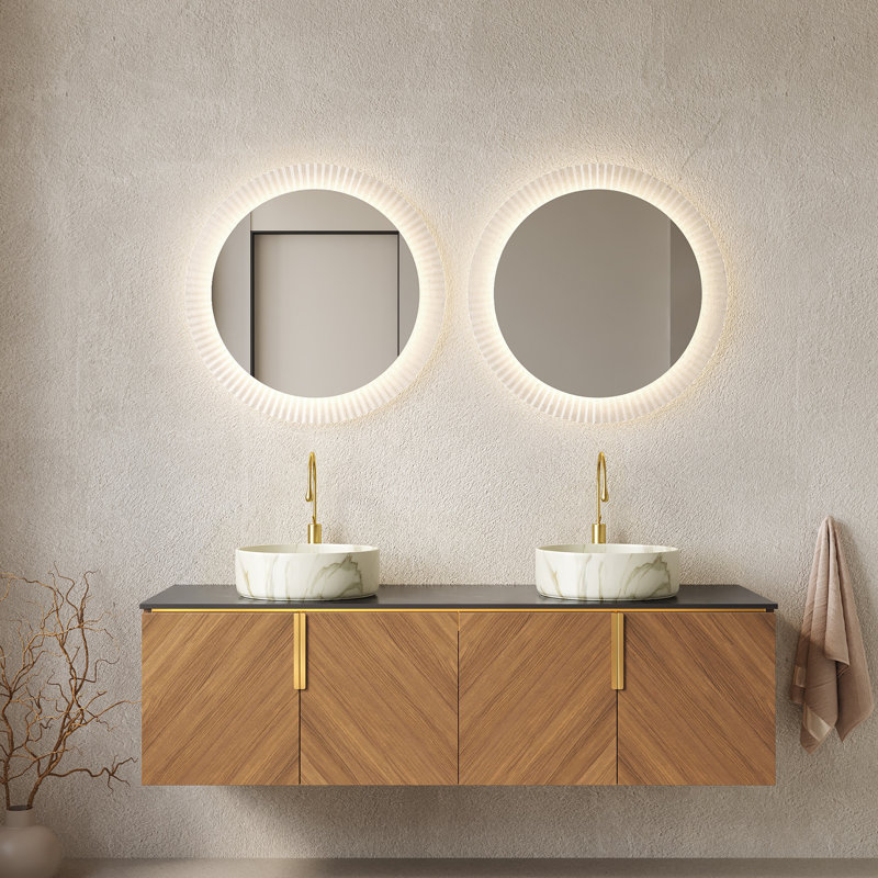 Meuble-lavabo double 60 po avec 4 portes, comptoir en pierre frittée, lavabo rond en céramique