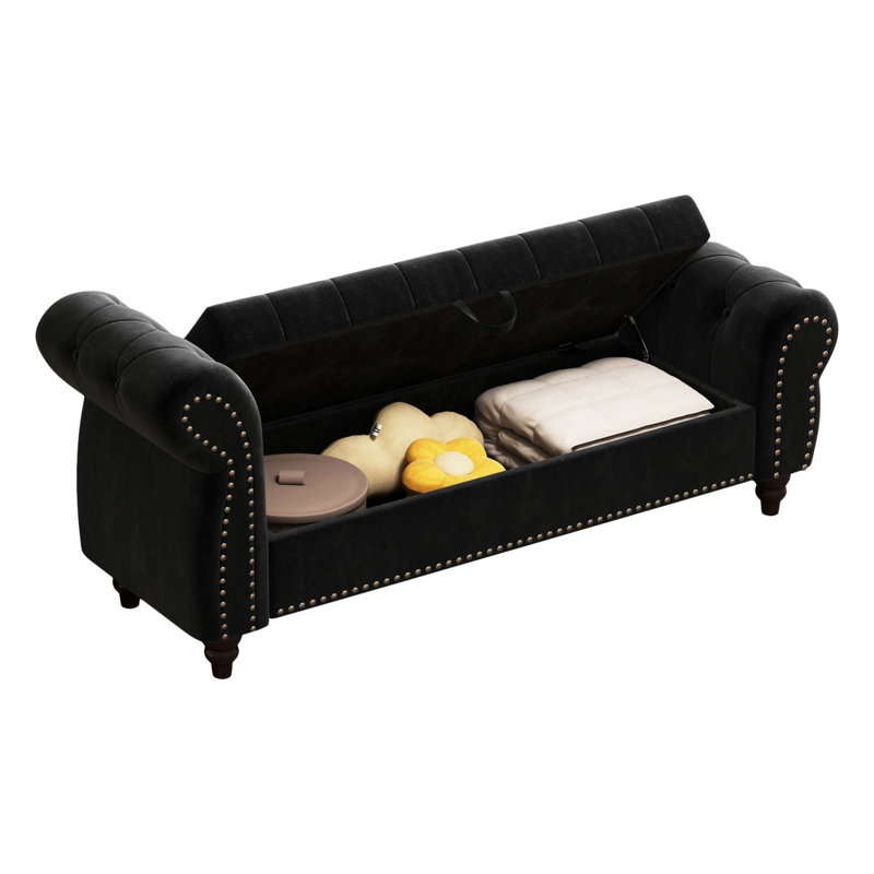 Black Velvet Bedroom Bench For Practical Storage - 64.5" Lounge Chaise Organizing Of, Black