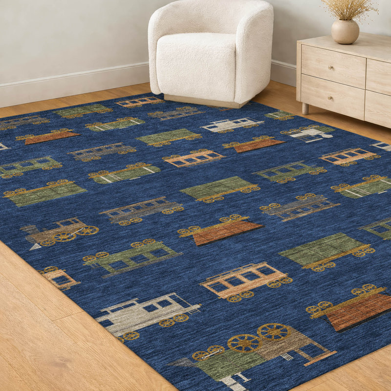 Machine Washable Indoor/Outdoor Chantille ACN2621 Kids Rug, Navy, 5' x 7'6"