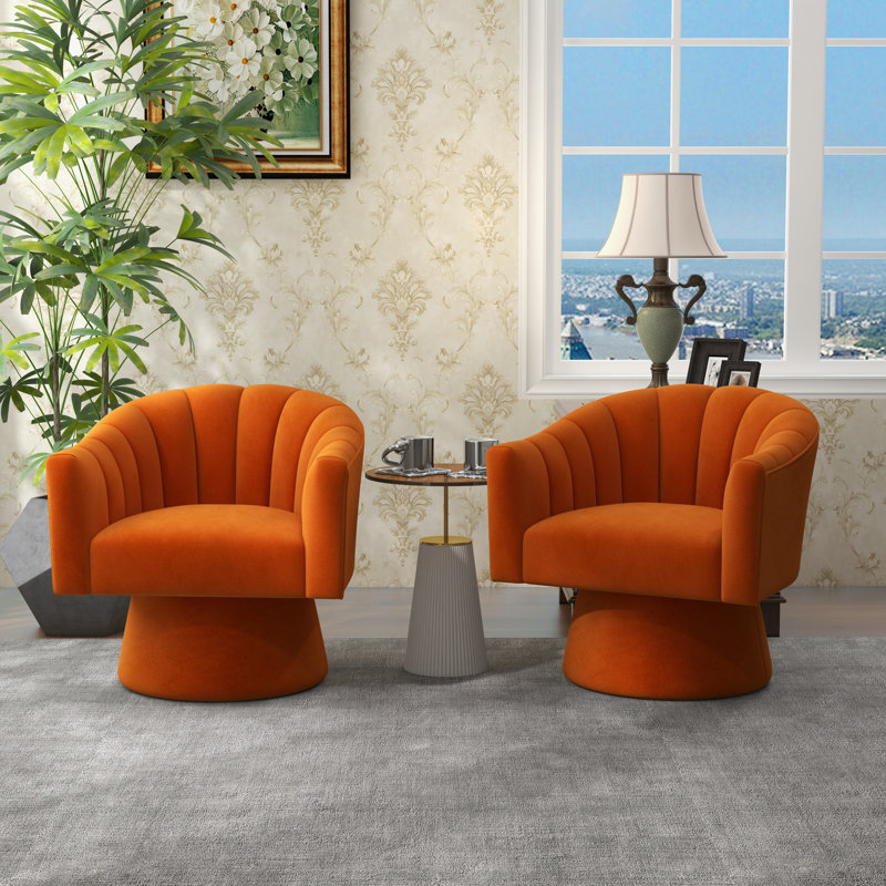 Fauteuil demi-tonneau pivotant de 25,2 po Iryanna, Velours orange, 2