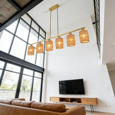 Rattan Chandelier Pendant Light Fixture With 6 Lights, Adjustable Height Farmhouse Island Lighting For Kitchen Dining Room, Boho Coastal Woven Design