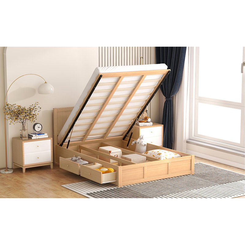 Lit plateforme avec rangement inférieur et 2 tiroirs profonds - Structure de chambre à coucher en bois naturel, essentiel