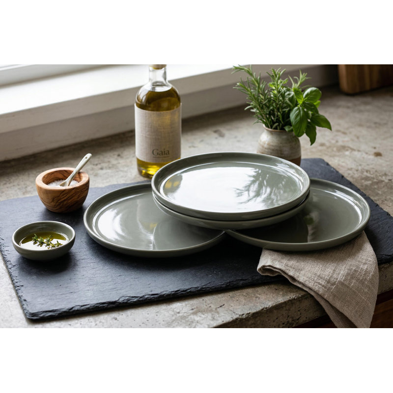 Ensemble de 4 assiettes en grès, vert sauge, ensemble de 4 (10,5 pouces), finition bicolore avec extérieur mat et intérieur brillant, vaisselle de cuisine moderne