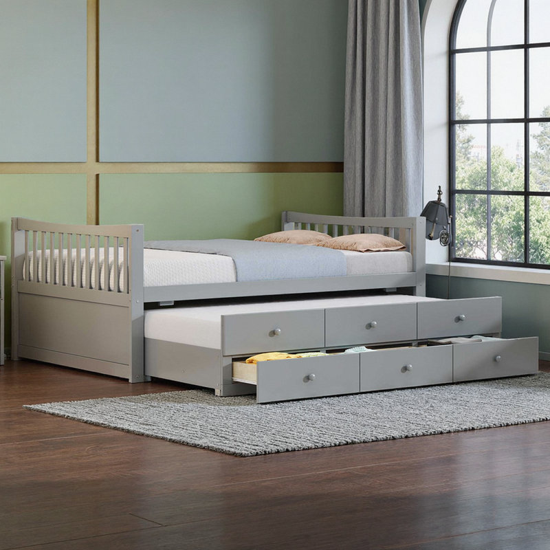 Lit de jour double polyvalent avec lit gigogne et 3 tiroirs de rangement, Gris