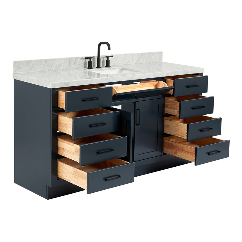 Meuble-lavabo simple en bois massif 66 po avec plateau en marbre de Carrare Tidworth, Forme rectangulaire, Blanc