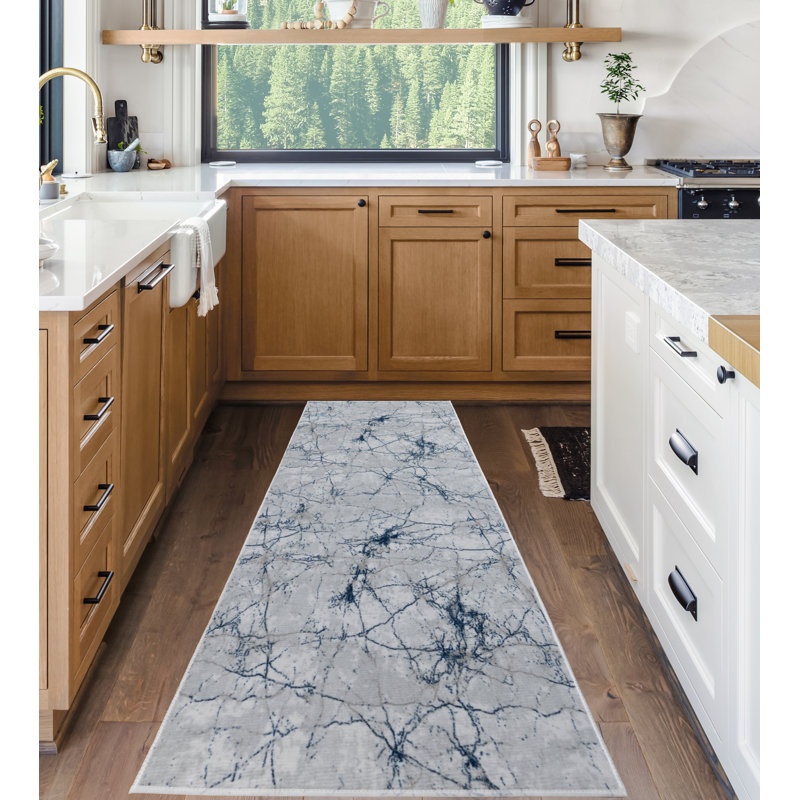 Custom Size Anti-Slip Gel Backing Marble Design Antibacterial Soft Pile Blue Grey Rug Runner by Feet, Runner 2'7" x 3'
