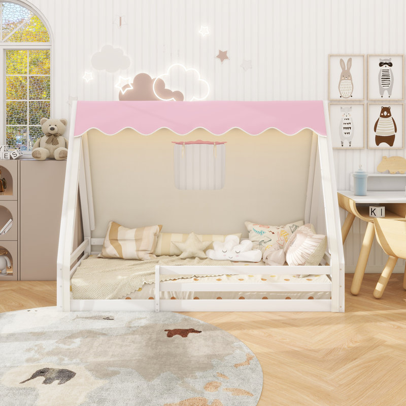 Lit simple au sol avec tente et lit de camp en bois massif avec garde-corps pleine longueur, design Montessori et enfantin, blanc et rose