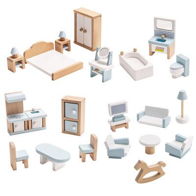 Ensemble 23 pièces de mobilier et accessoires de maison de poupée en bois