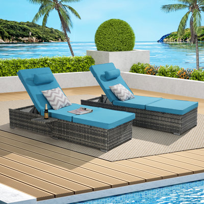 Outdoor Chaise Lounge Chair Set of 2 with Storage for Poolside Backyard