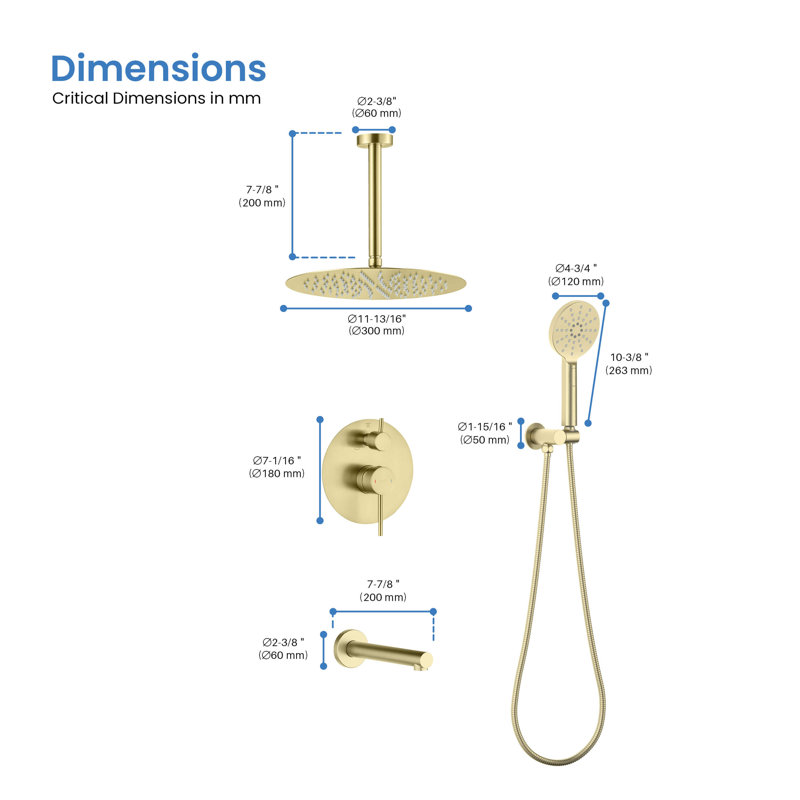 Dual Function Complete Shower System with Rough in-Valve, Brushed Gold