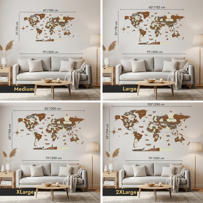 3D Wooden World Push Pin Map – Wall Art Travel Map with Flag Stickers, 53.2" H x 98.4" W x 1" D, Mix