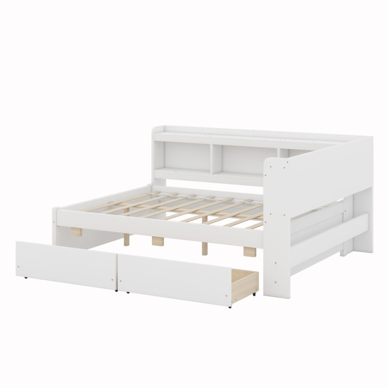 Lit en forme de L avec bibliothèques avec prises de courant, ports de chargement USB, tiroirs, Blanc
