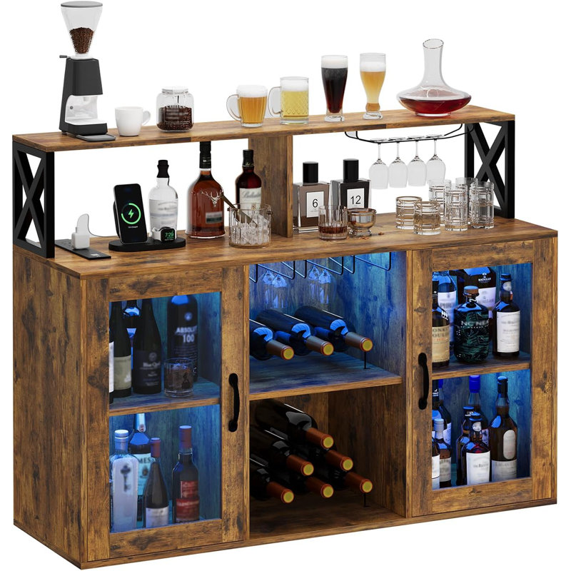 Freestanding Home Bar Cabinet with LED Light, Power Outlets, Wine Rack and Glass Holder, Brown