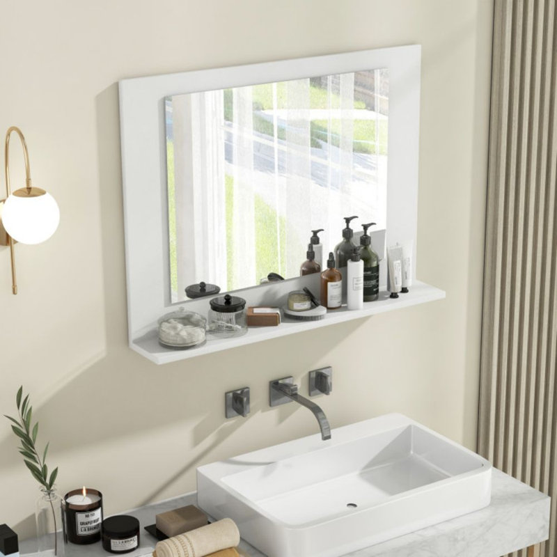Miroir de salle de bain rectangulaire avec tablette 23,5 po x 17,5 po et cadre en bois, Blanc