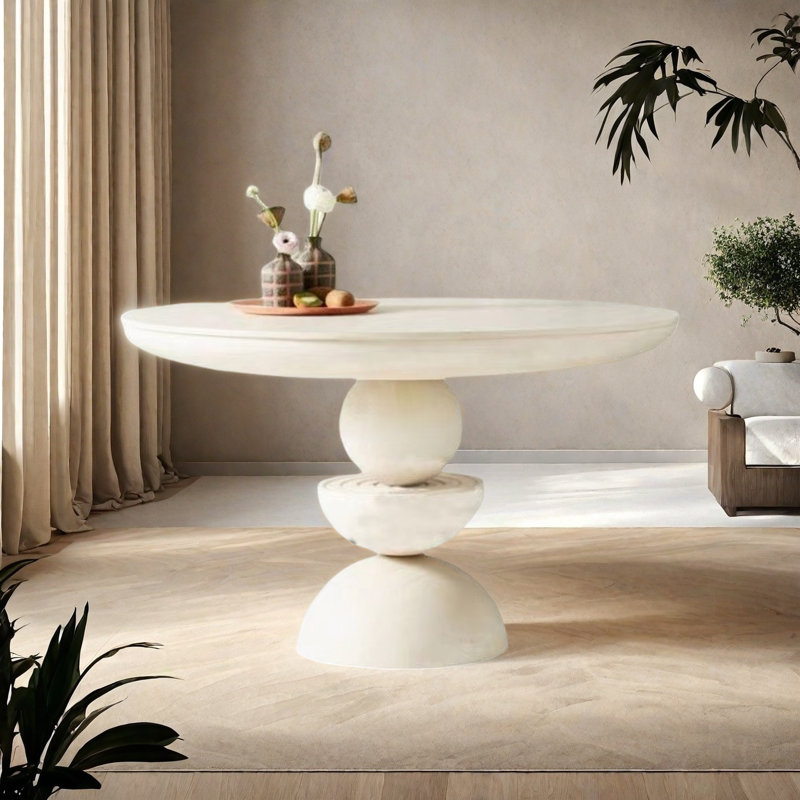 Table de salle à manger en bois de frêne massif avec base ronde unique, Blanc, H 29,9 po x L 53,1 po x l 53,1 po