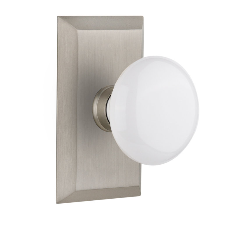 Studio Plate with White Porcelain Door Knob, Satin Nickel