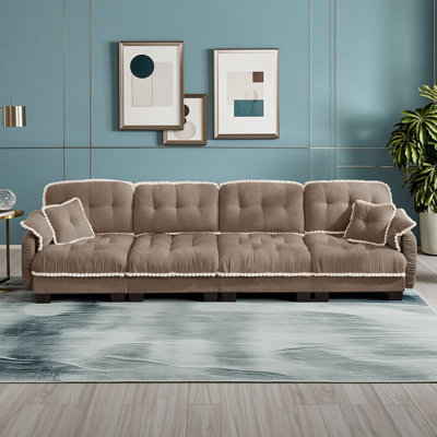 Four Seat Chenille Tufted Sofa with Matching Pillows, Pom-Pom Trim and Cushions for Living Room