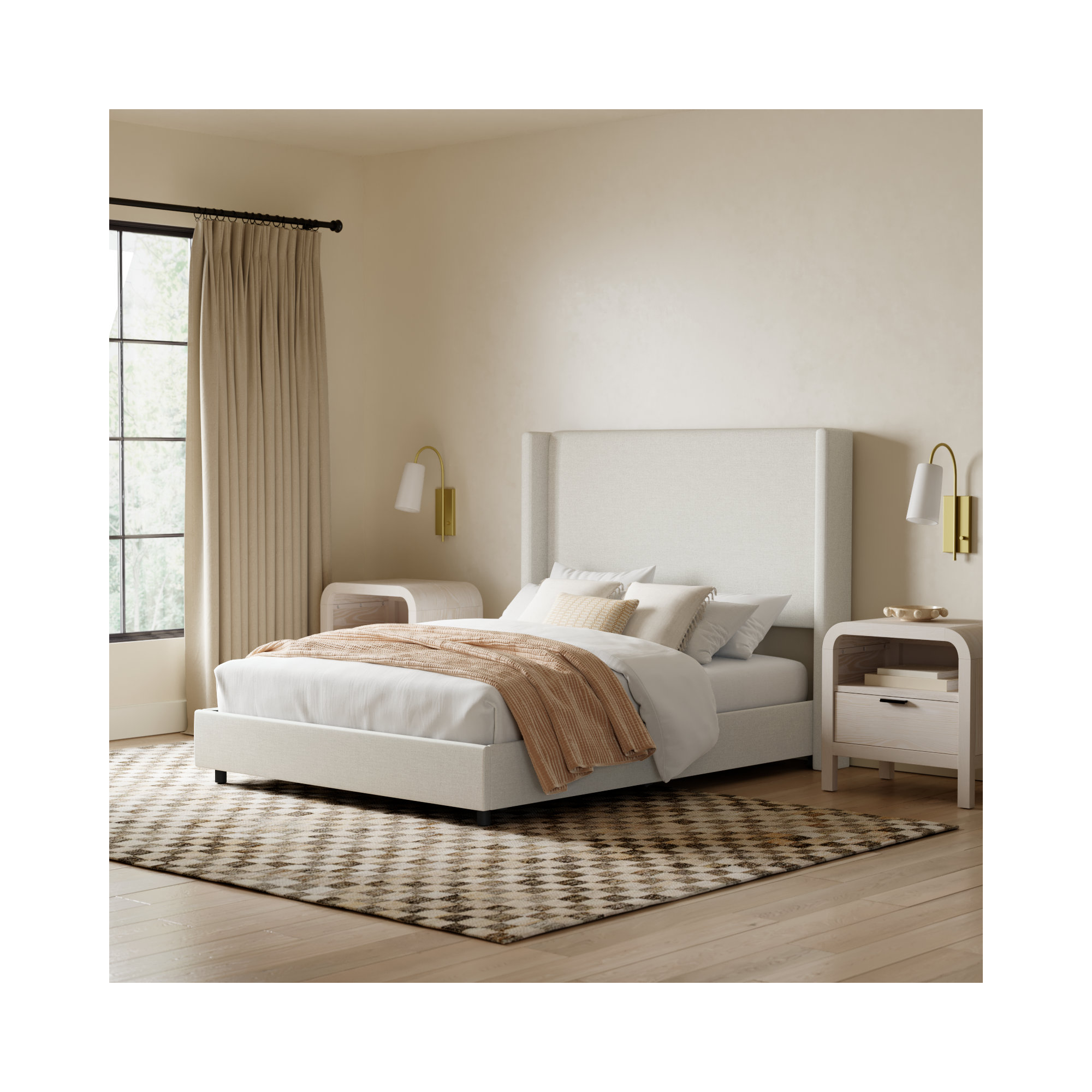 Hanson Upholstered Wingback Bed, Twin, Zuma White Textured Linen