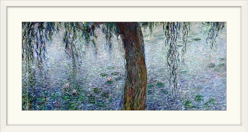 Nénuphars: matin avec saules pleureurs par Claude Monet - reproduction, H 24 po x l 44 po x P 1 po, Cadre blanc