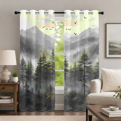 2Pcs, paysage, rideaux de montagne de forêt, rideau à thème de paysage naturel, paysage de brume matinale, impression de rideaux avec œillets, habillage de fenêtre pour le décor de la chambre à coucher