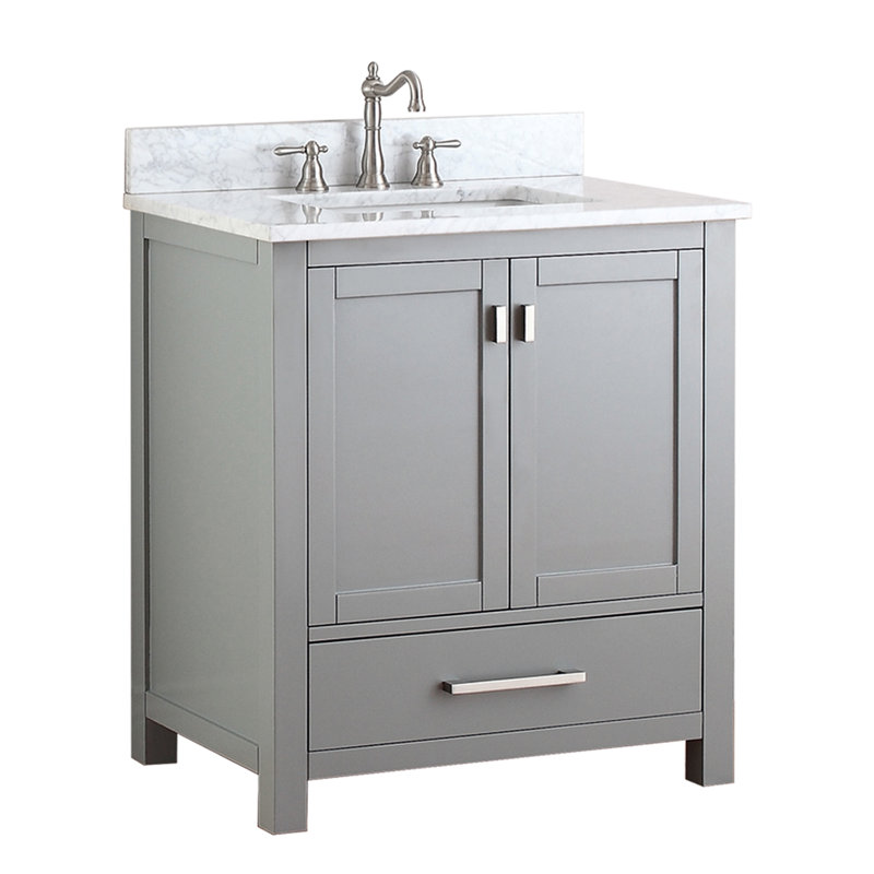 Modero 30" Single Bathroom Vanity with Top, Chilled Gray, Carrera White Marble, Brushed Nickel
